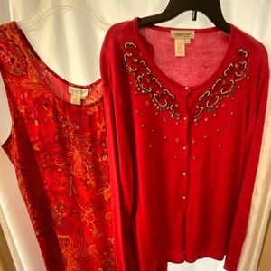 Coldwater Creek Red Embellished Cardigan and Paisley Tank